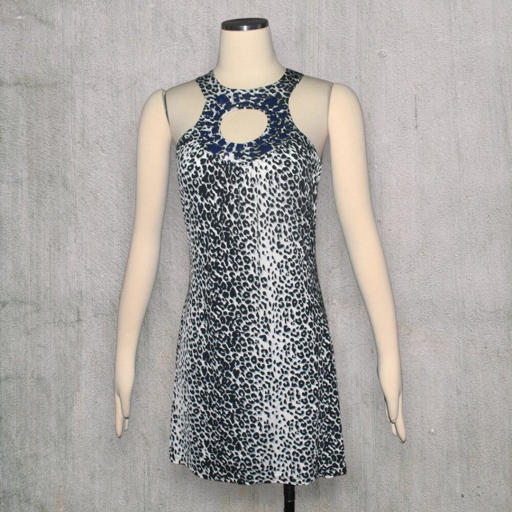 Vintage 2000s Y2k Cache Leopard Print Mini Dress Blue Jewels USA S